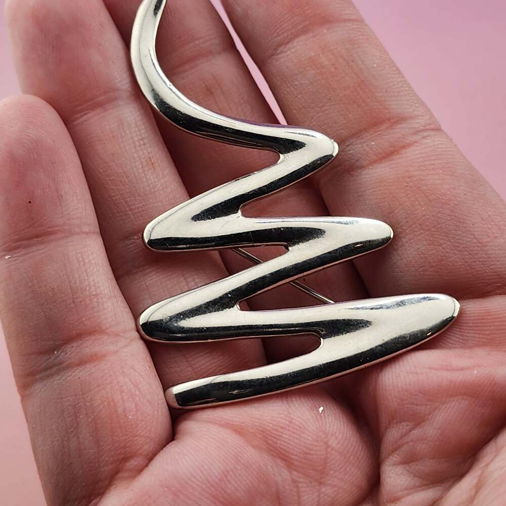 Vintage Avon Silver Tone Abstract Zigzag Brooch Modernist Swirl Statement Pin
